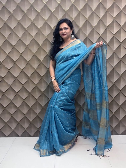 LIGHT BLUE WITH GOLDEN BUTA LINEN SAREE